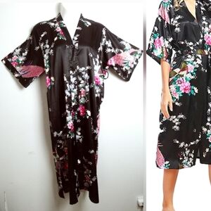 Babeyond Robe Women's One Size Peacock Design Satin Kimono Robe